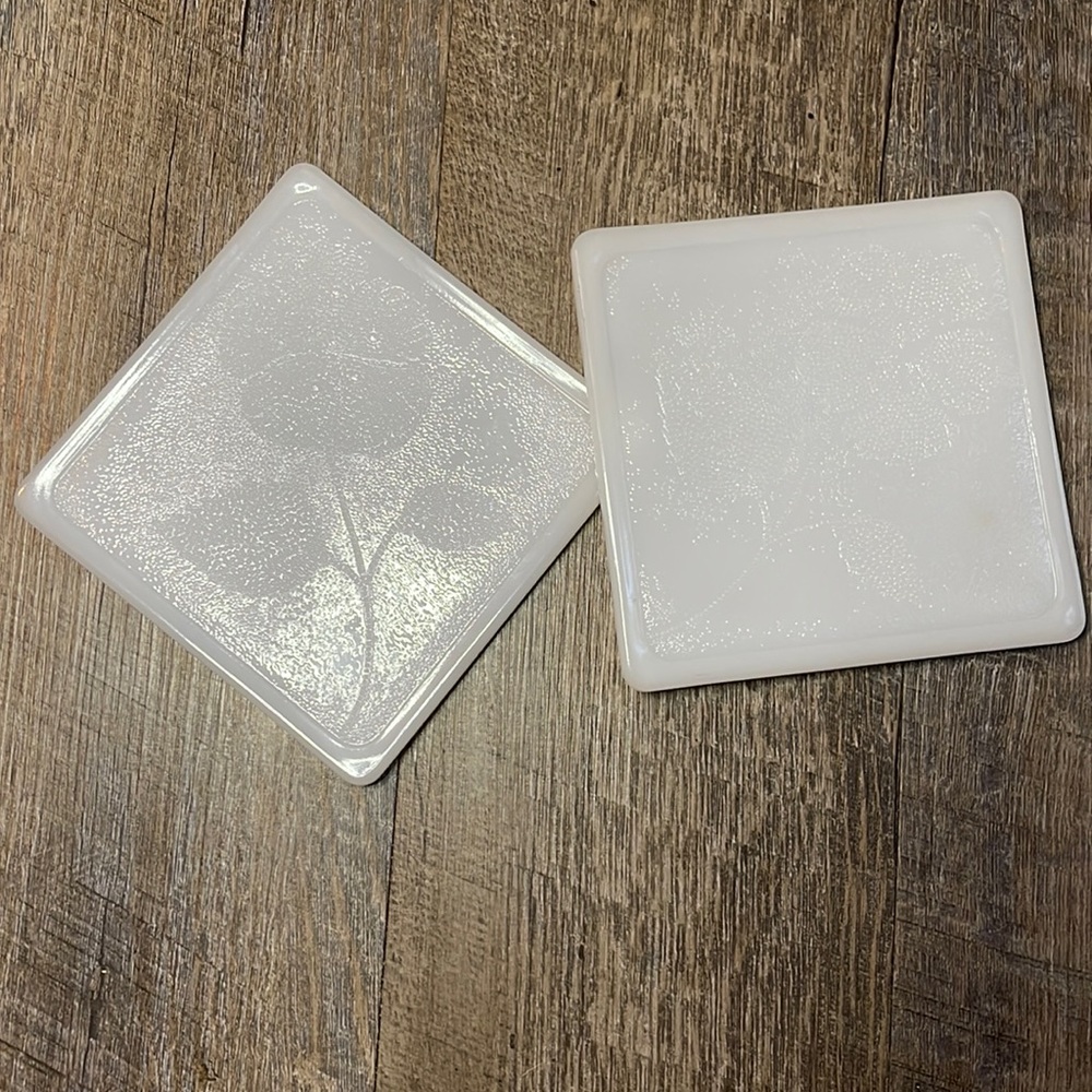 Vintage 1950s McKee Glassbake White Milk Glass Tile Trivet Poppy Flower Set of 2
